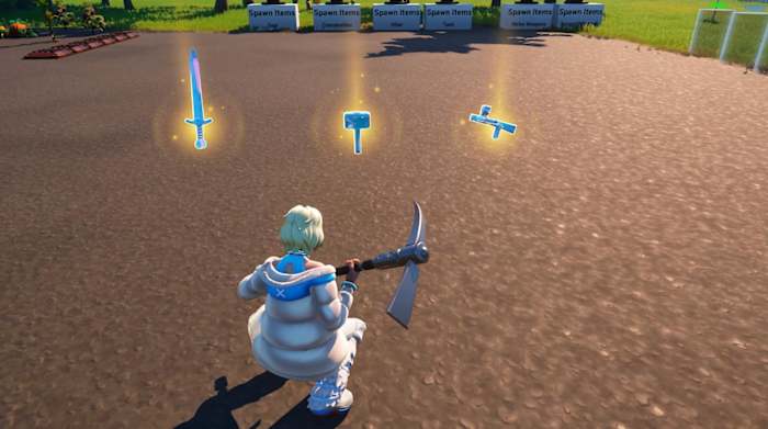 A screenshot of the upcoming Tier 5 weapons in LEGO Fortnite including the Rift Sword, Rift Hammer, and Darkwood Crossbow.